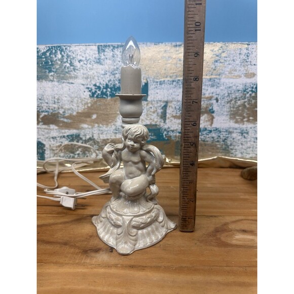 Vintage Cherub Lamp With Fringe Shade Painted Metal - Picture 5 of 9